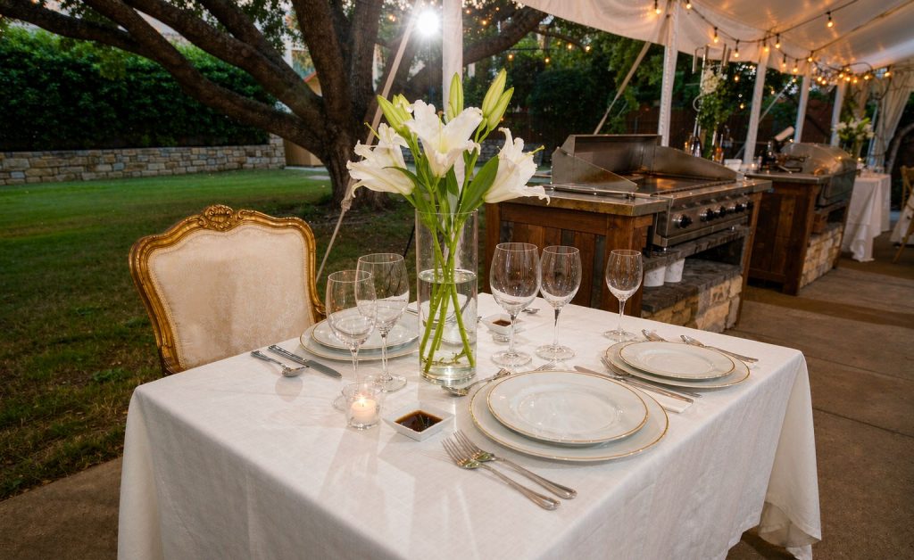 Elegant private hibachi dinner setup with white linen, candles and a teppanyaki station on a patio in Southern California
