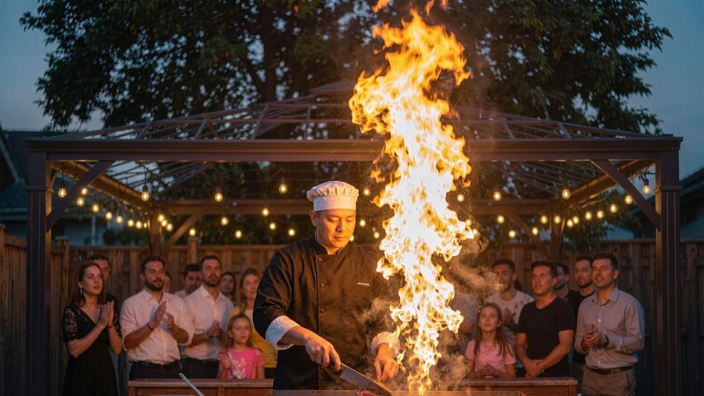 Private hibachi chef performing a flame show on a flat-top grill at a backyard party in Thousand Oaks, Ventura County