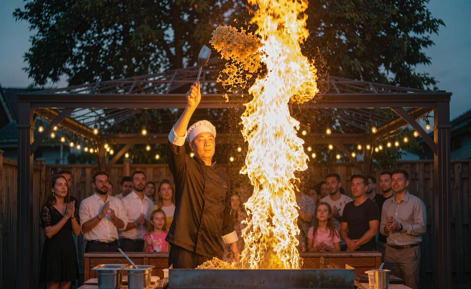 hibachi chef fire show in backyard hibachi4me