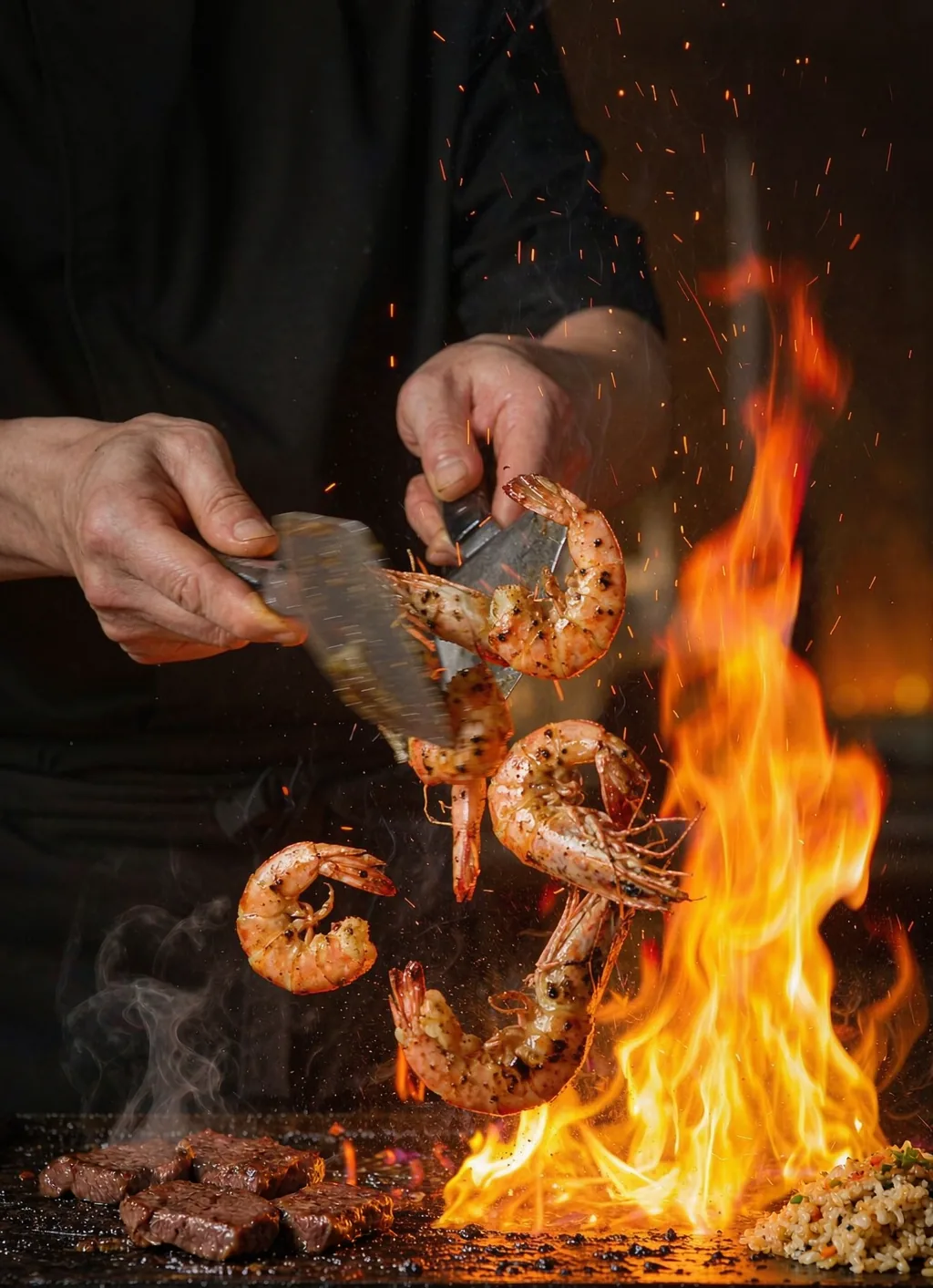 hibachi chef tossing shrimp over flames private chef